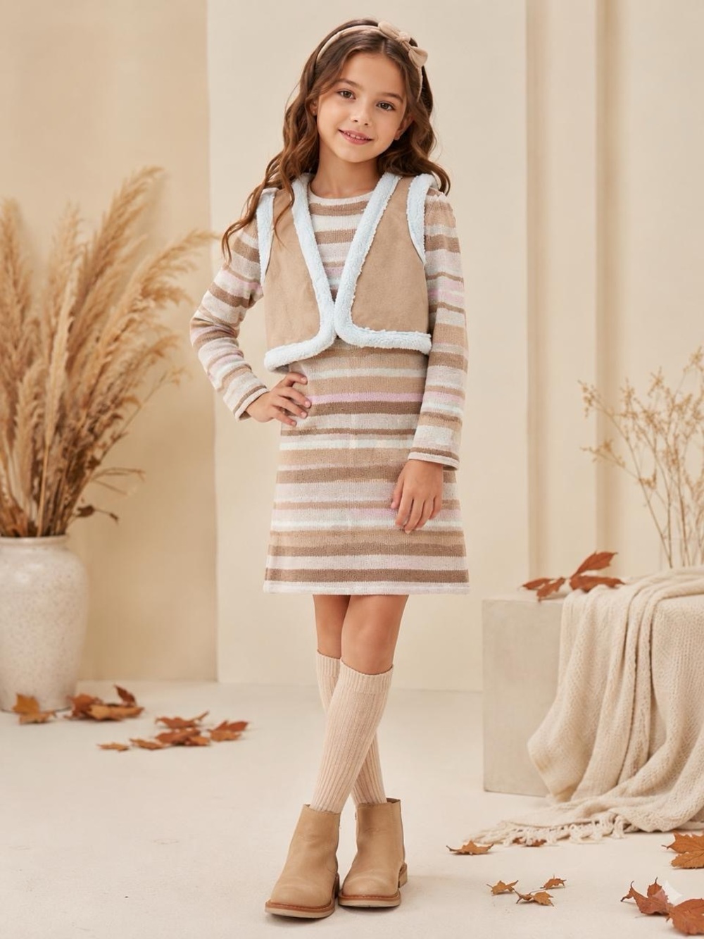 Rare Editions Girls 2 Piece Set Sweater Dress Vest Tan Striped Size 12 NWT